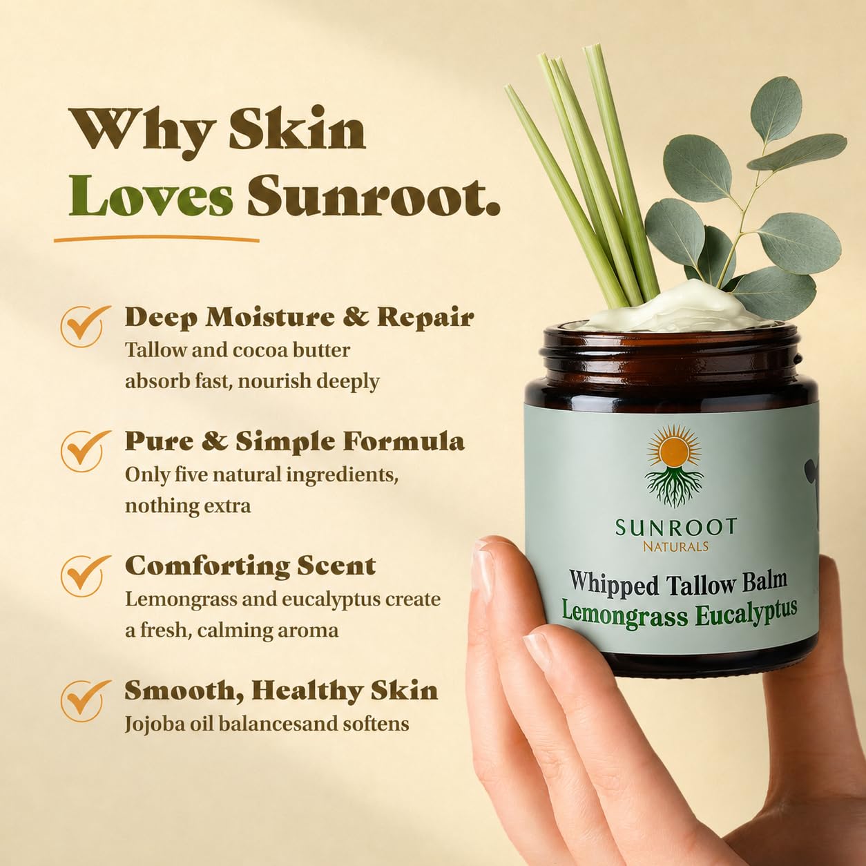 Whipped Tallow Balm – Lemongrass + Eucalyptus | Grass-Fed Natural Moisturizer for Face, Hands & Body | Deep Hydration Skin Balm