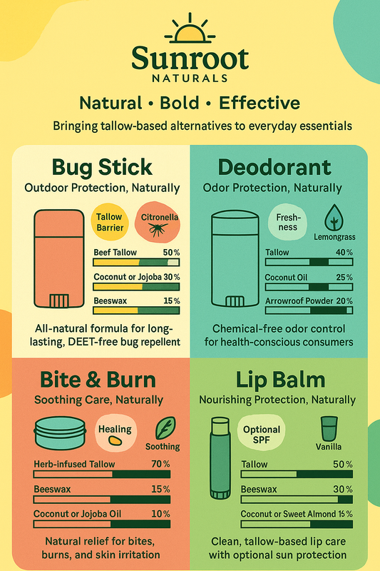 Sunroot Naturals product line including Bug Stick, Deodorant, Bite & Burn, and Lip Balm with ingredient percentages on a colorful background.
