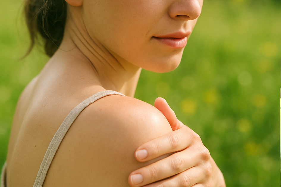 Woman applying Sunroot Whipped Tallow Balm to her shoulder with a green field background