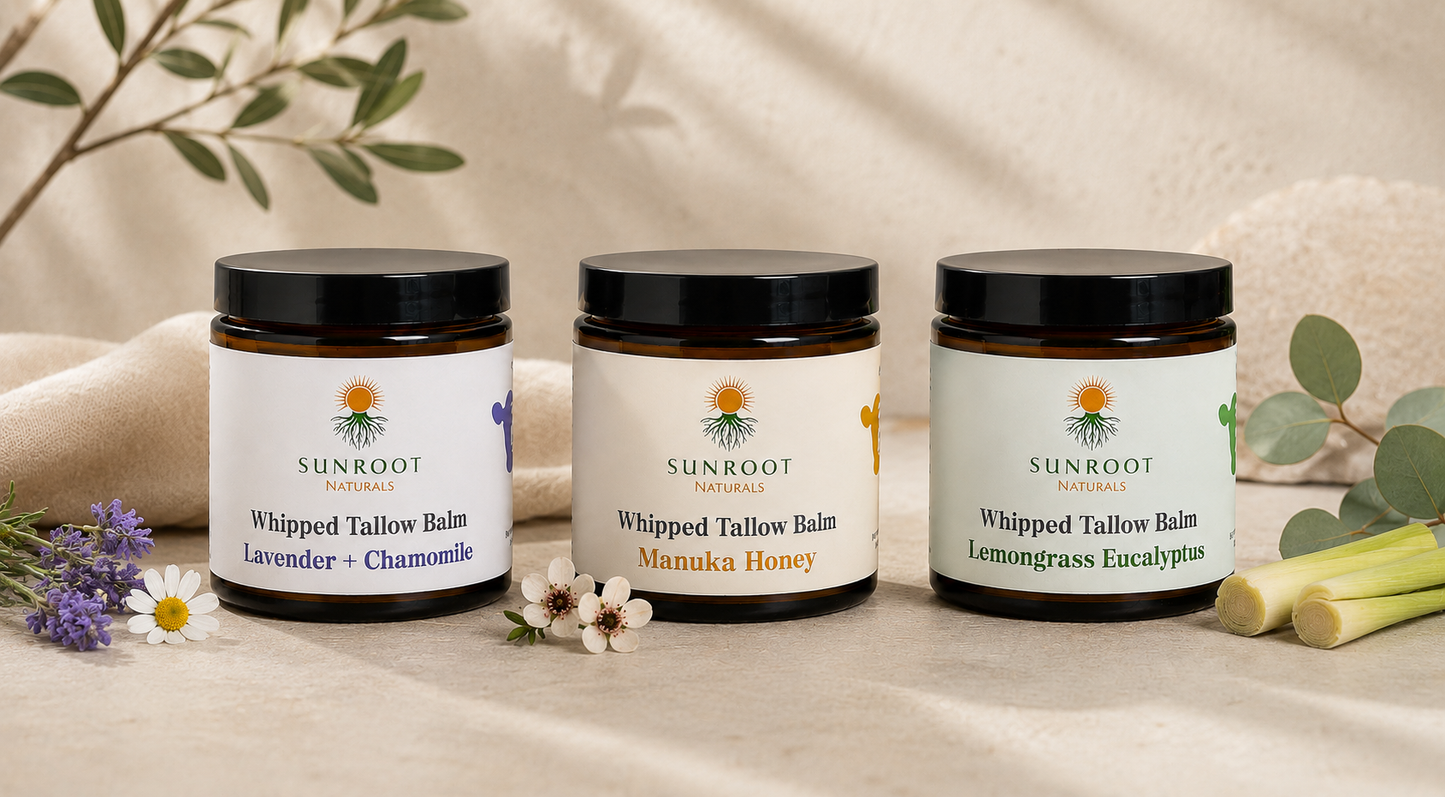 Sunroot Naturals Unscented Whipped Tallow Balm with Manuka Honey – Natural Face & Body Moisturizer (4 oz)