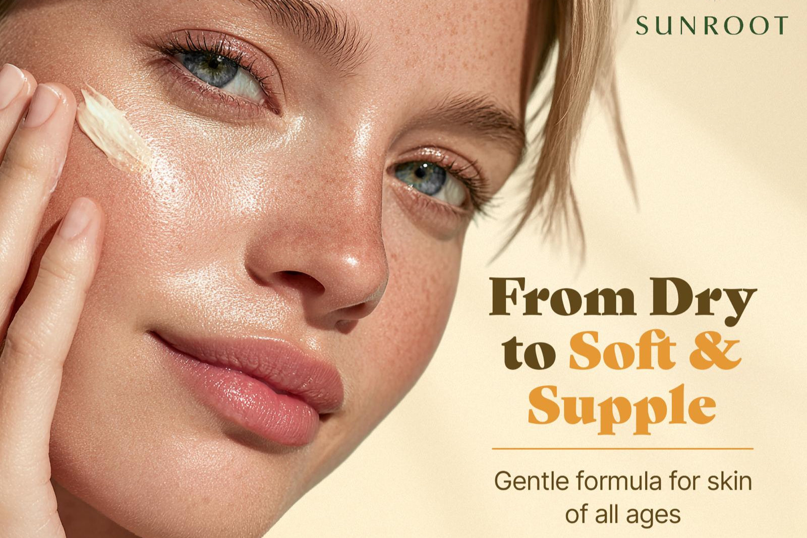 Woman applying Sunroot skincare cream, highlighting soft, supple, and hydrated-looking skin for all ages.