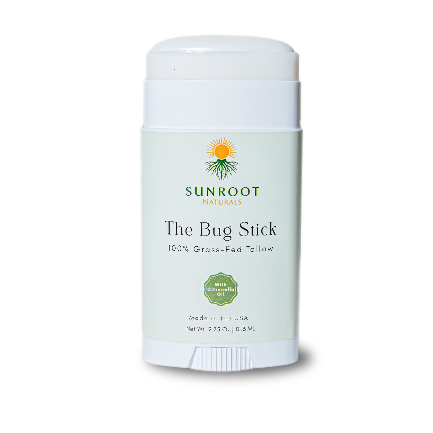 Sunroot The Bug Stick insect repellent in white twist-up container on white background.