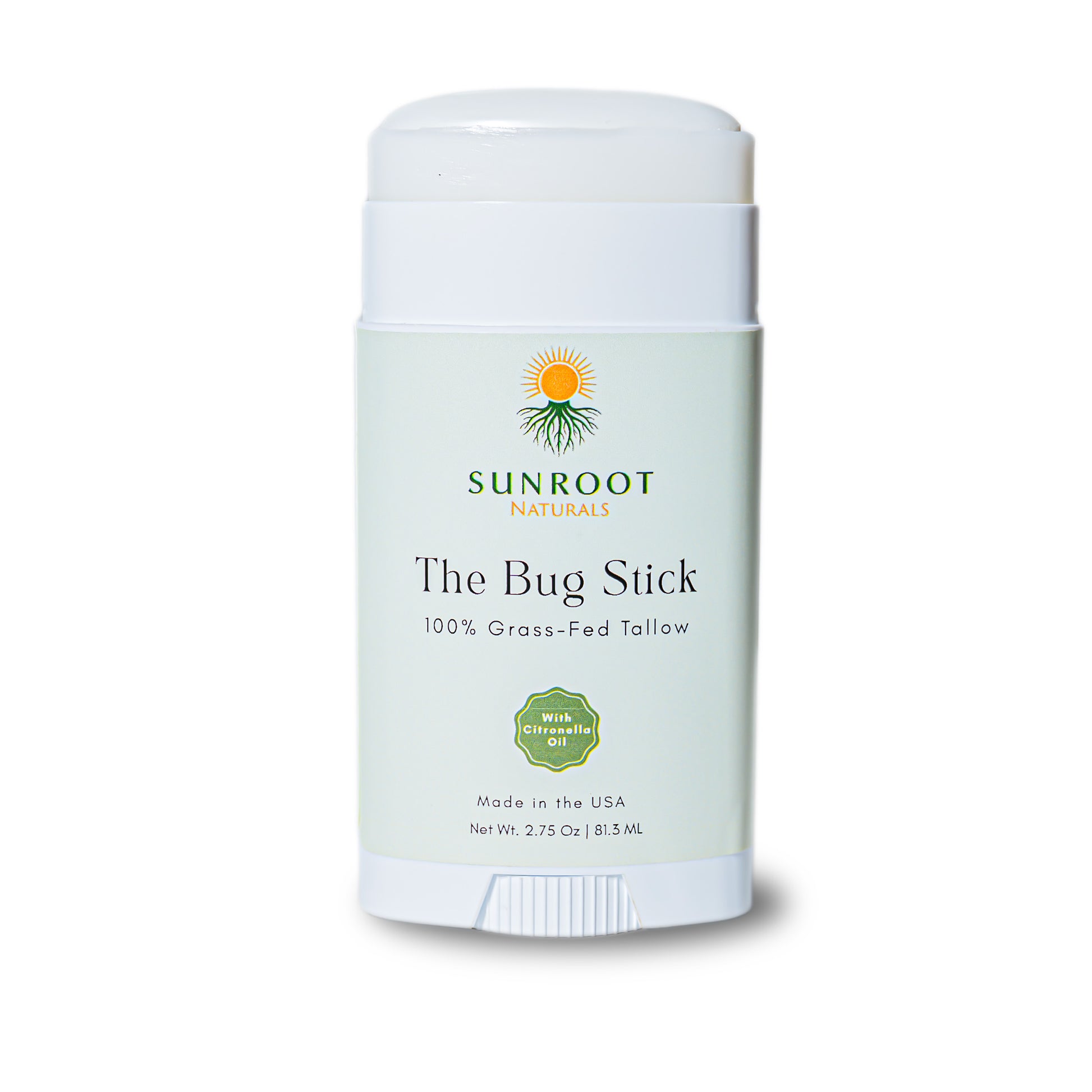 Sunroot The Bug Stick insect repellent in white twist-up container on white background.