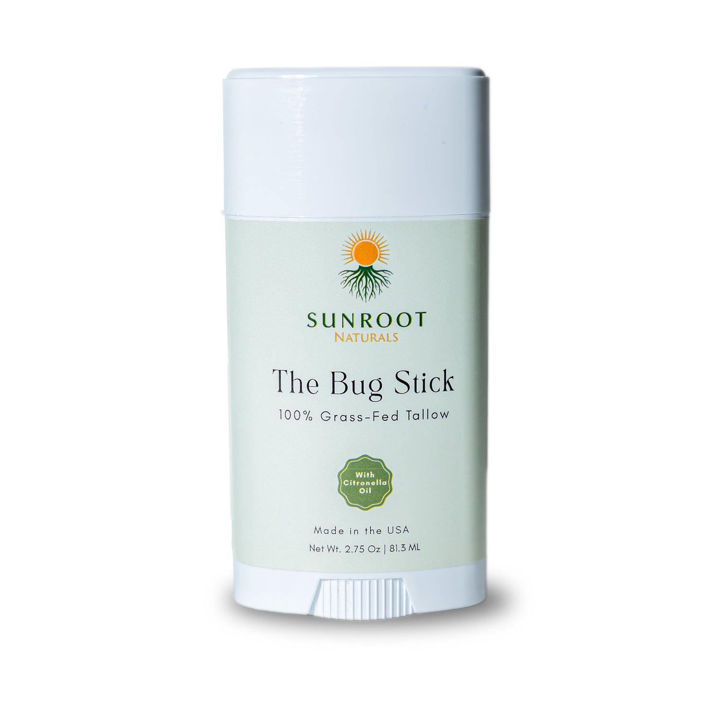 Sunroot The Bug Stick insect repellent in white twist-up container on white background.