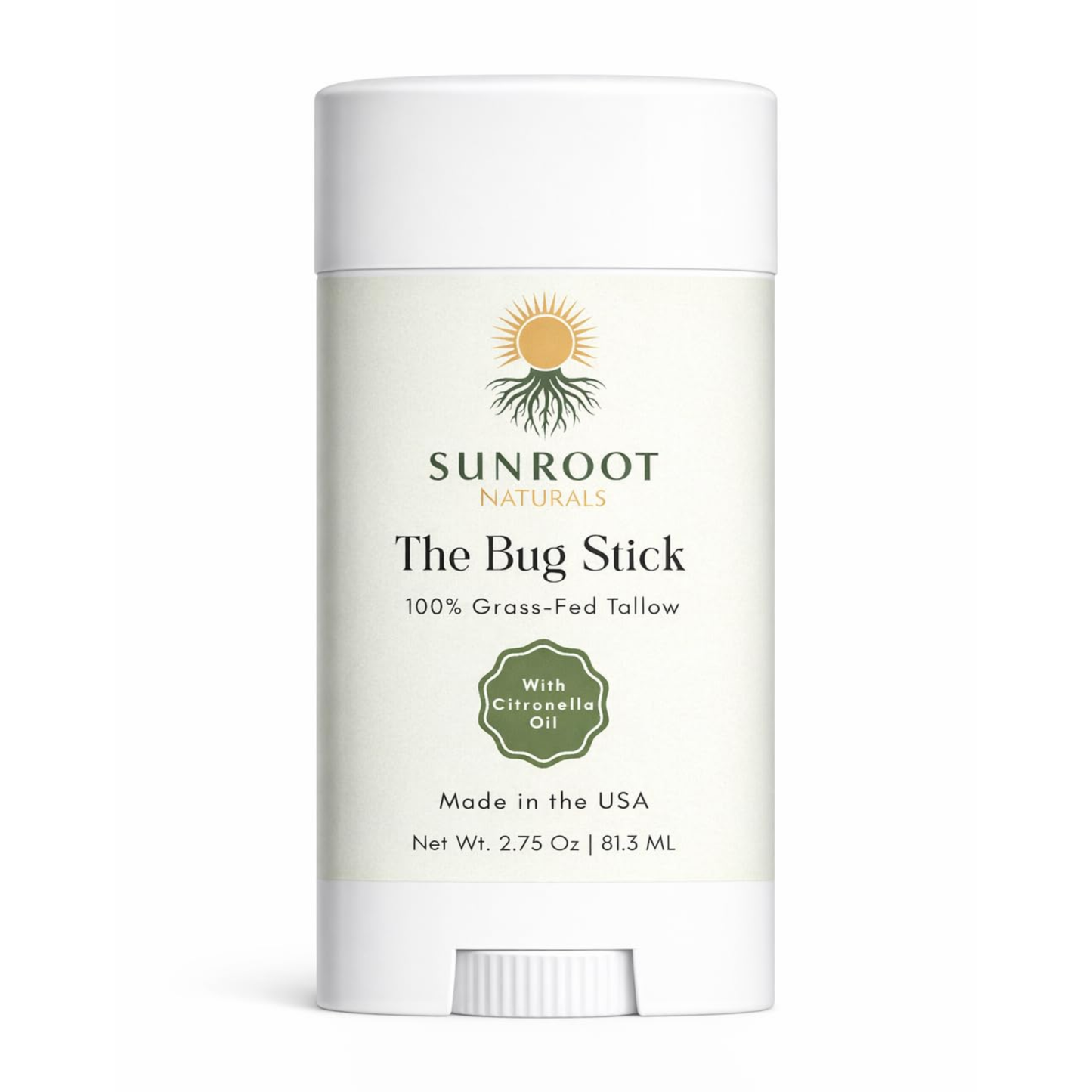 Sunroot The Bug Stick insect repellent in a white twist-up container on a white background.