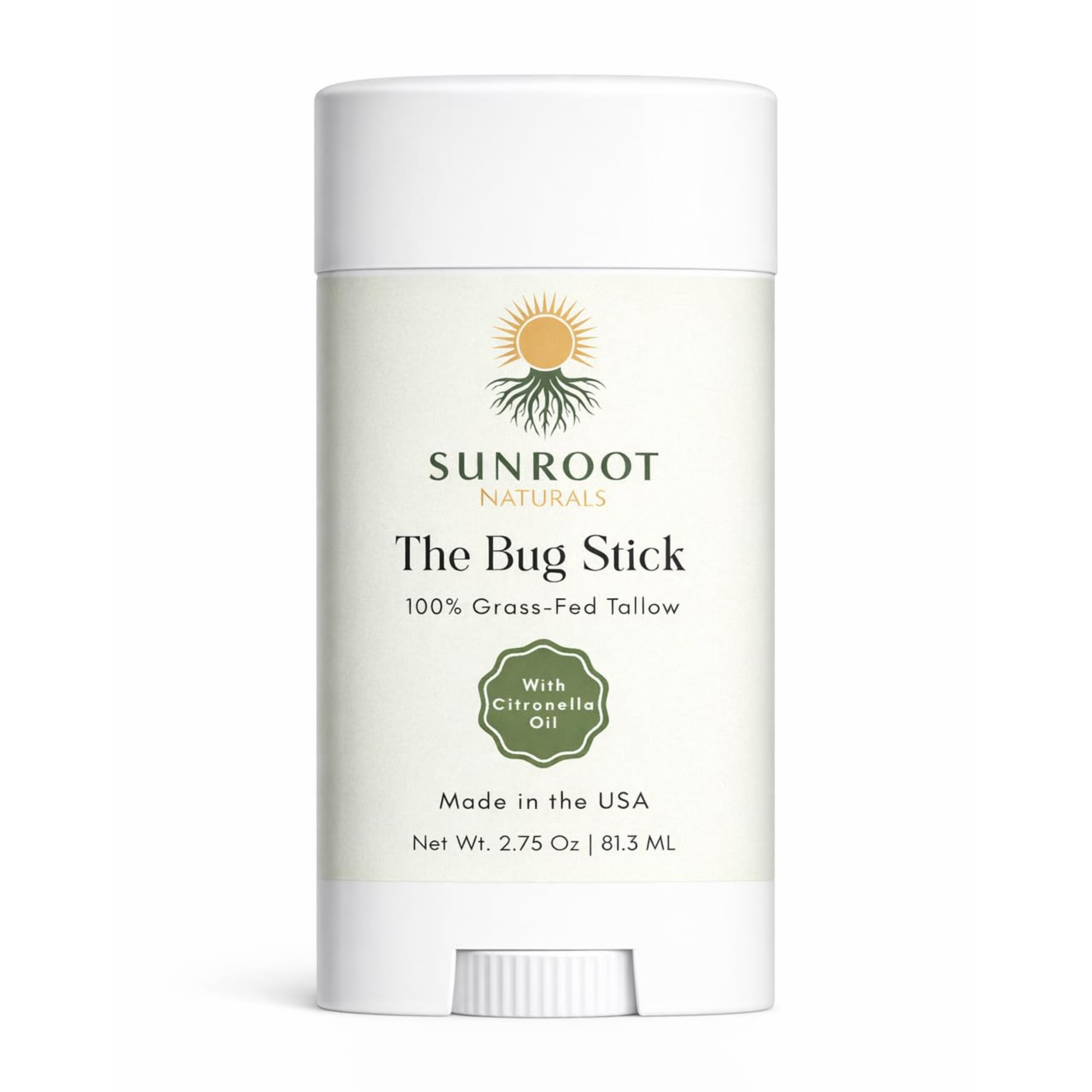 Sunroot The Bug Stick insect repellent in a white twist-up container on a white background.