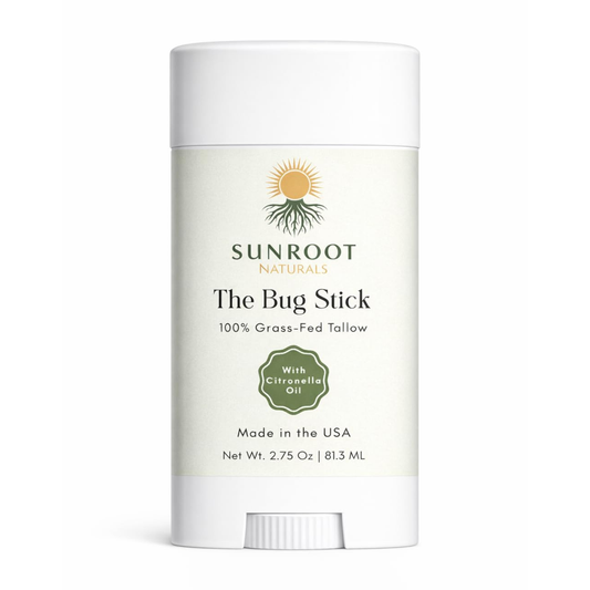 Sunroot The Bug Stick insect repellent in a white twist-up container on a white background.