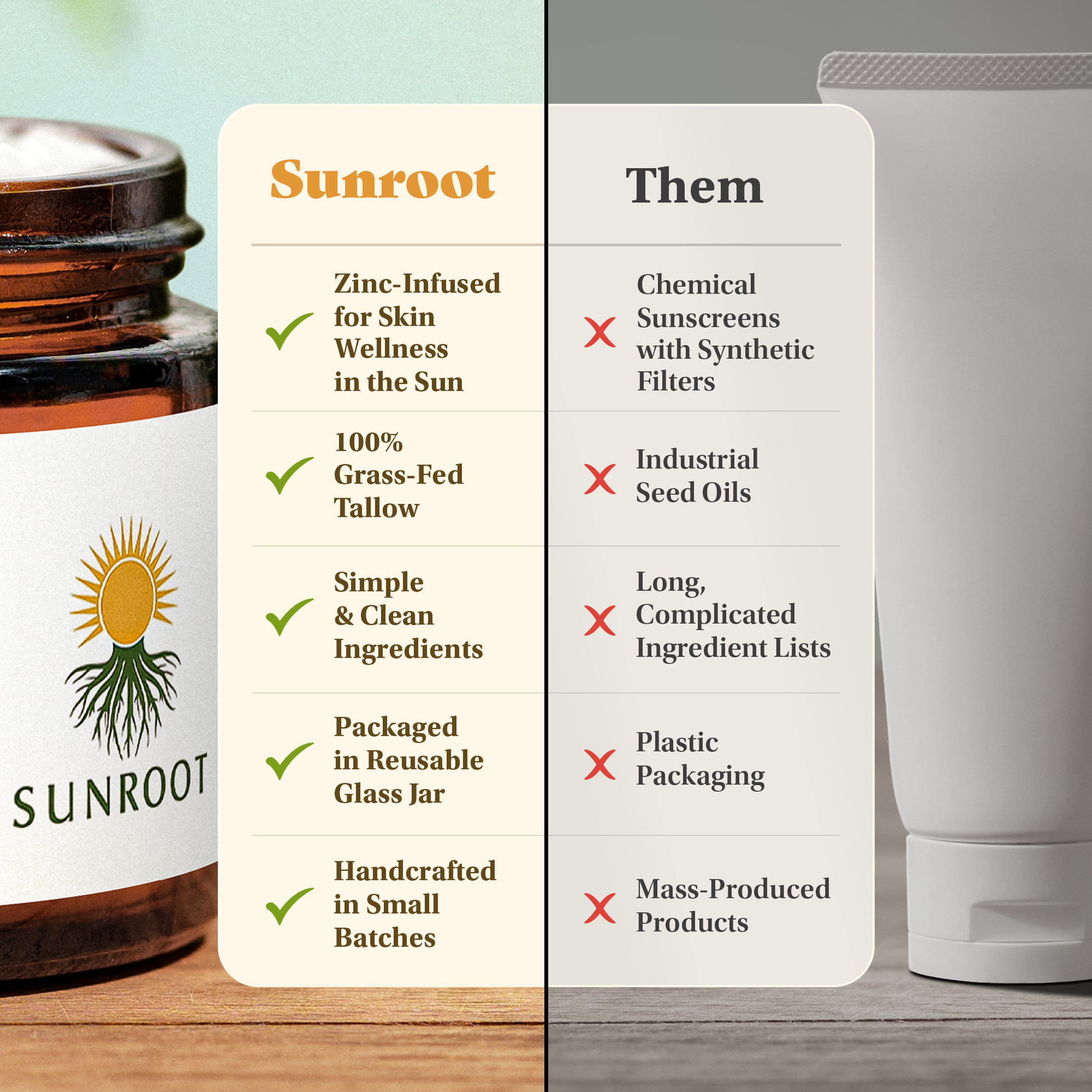 Comparison infographic showing Sunroot Sun Balm benefits versus conventional chemical sunscreen products and synthetic ingredients.