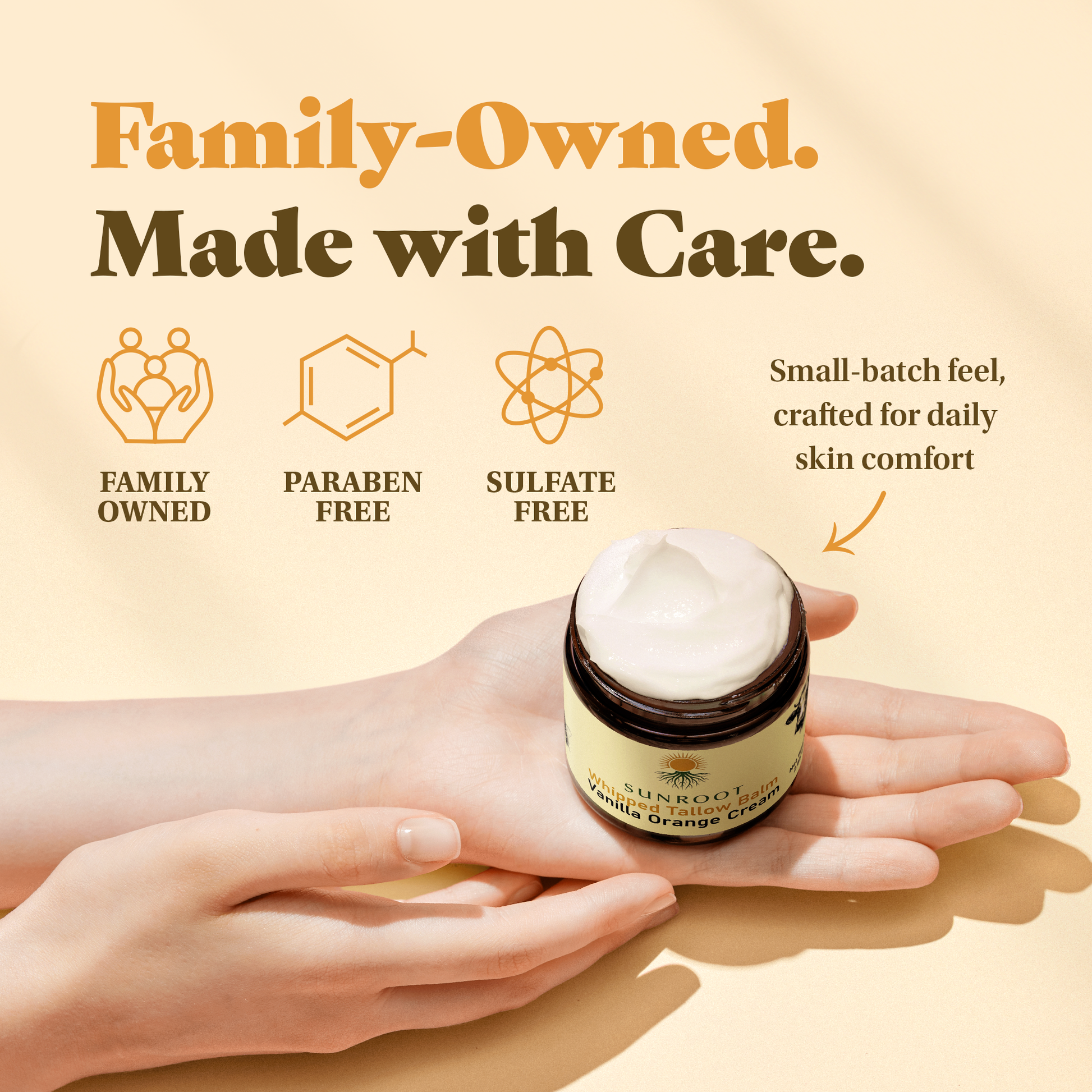 Sunroot whipped tallow balm infographic highlighting family-owned values, paraben-free formula, sulfate-free ingredients, and small-batch craftsmanship.