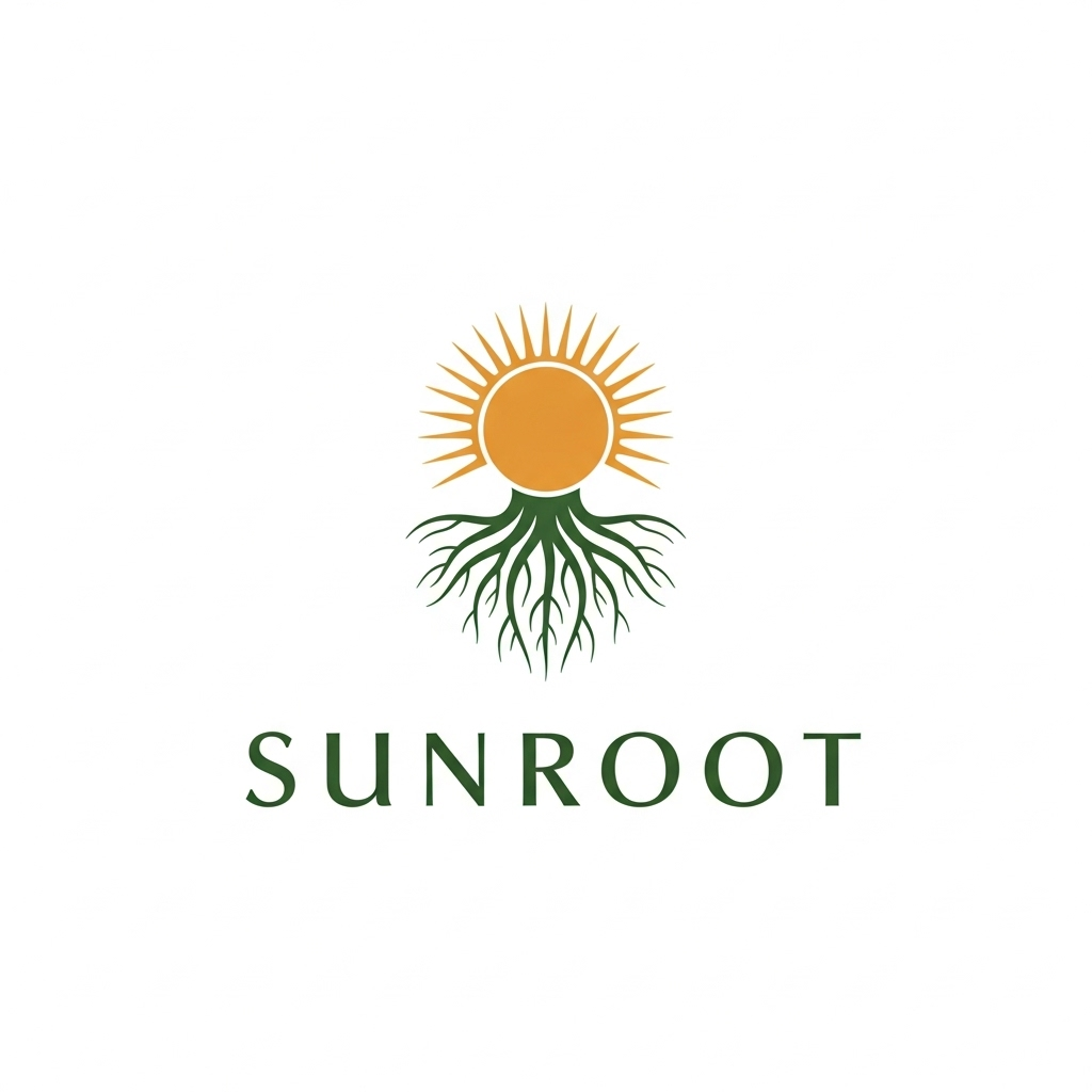Sunroot Naturals brand logo featuring a golden sun with green roots and company name.