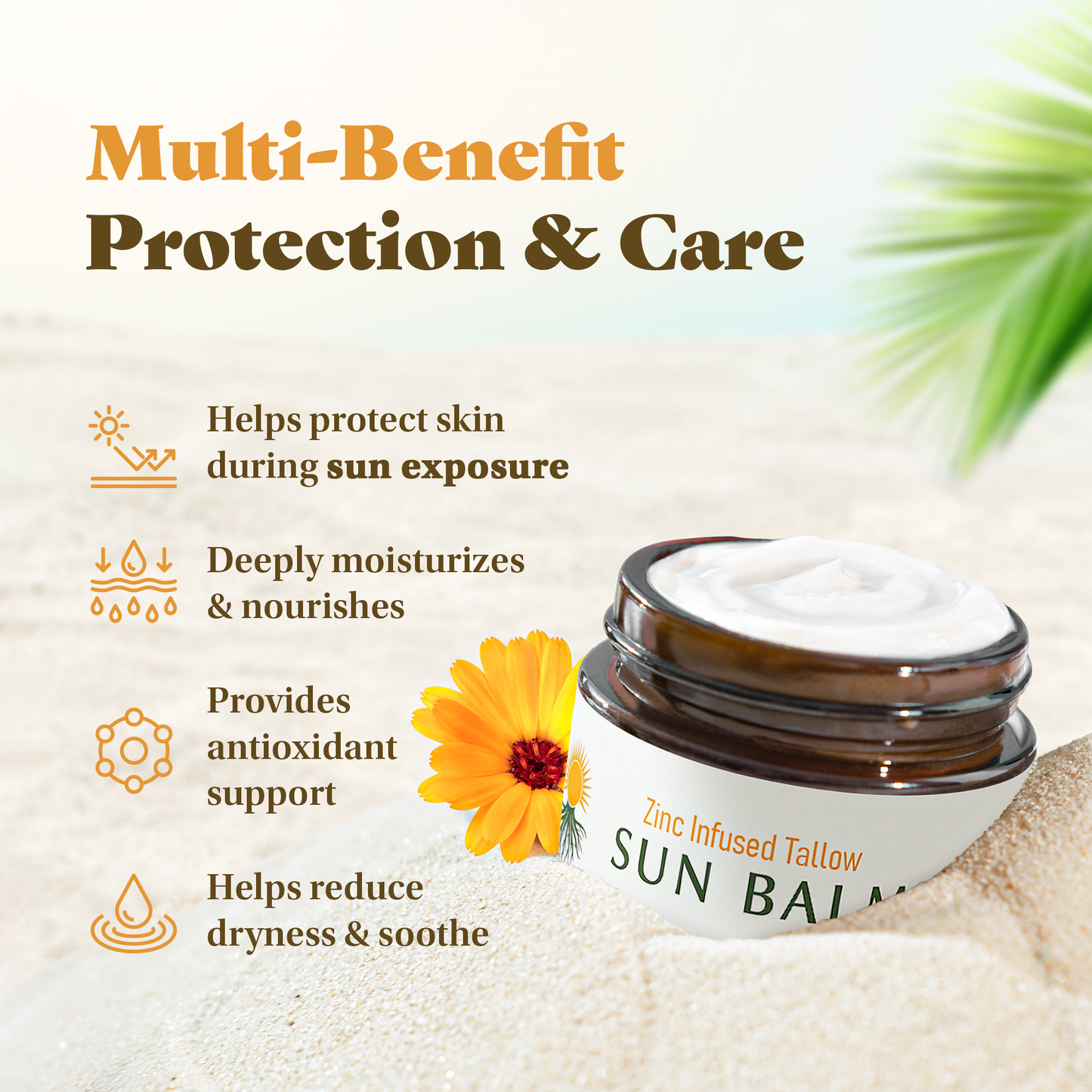Sunroot Sun Balm infographic highlighting skin protection, moisturizing benefits, antioxidant support, and soothing care.