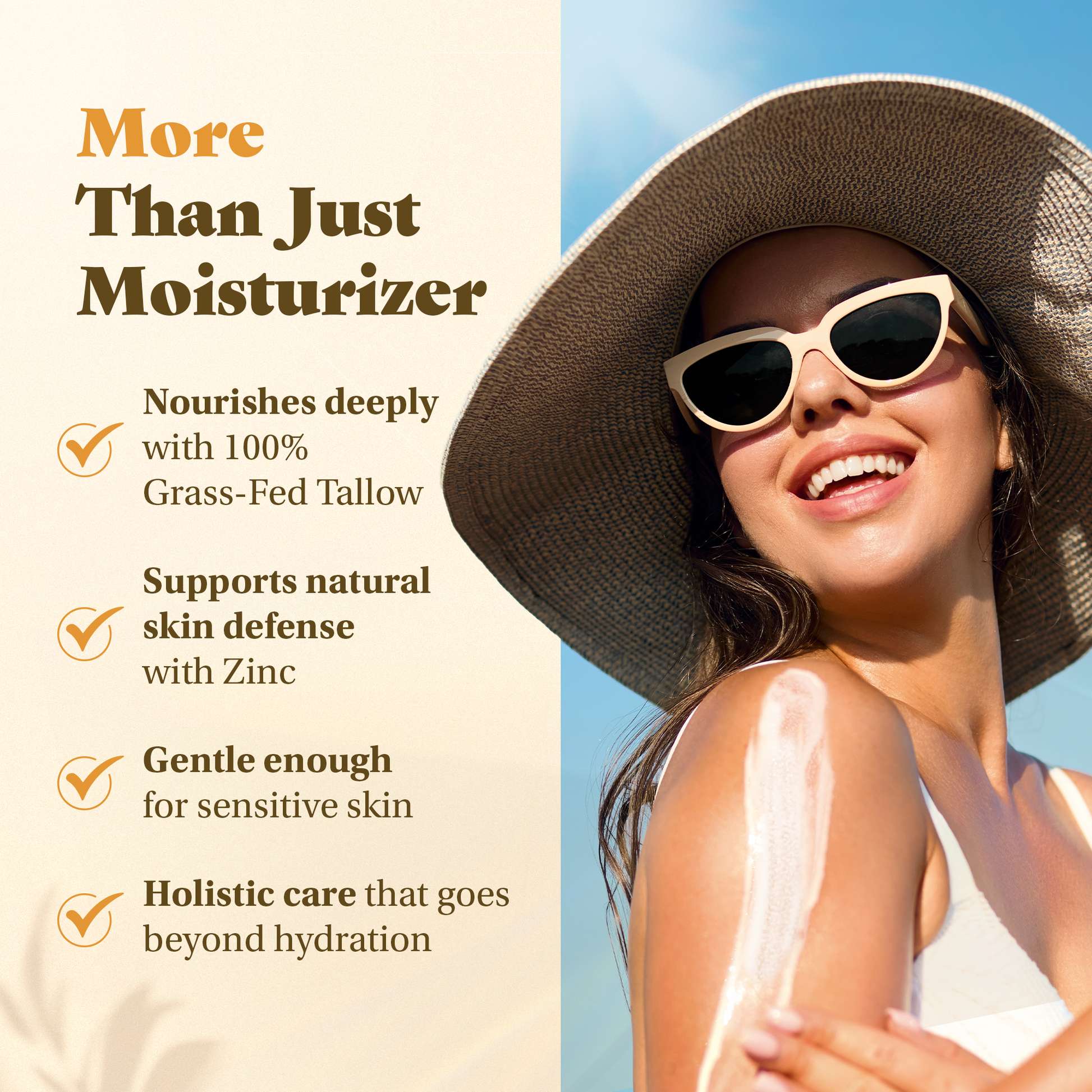 Woman applying Sunroot Sun Balm Stick while highlighting moisturizing, zinc-based, and skin-nourishing benefits.