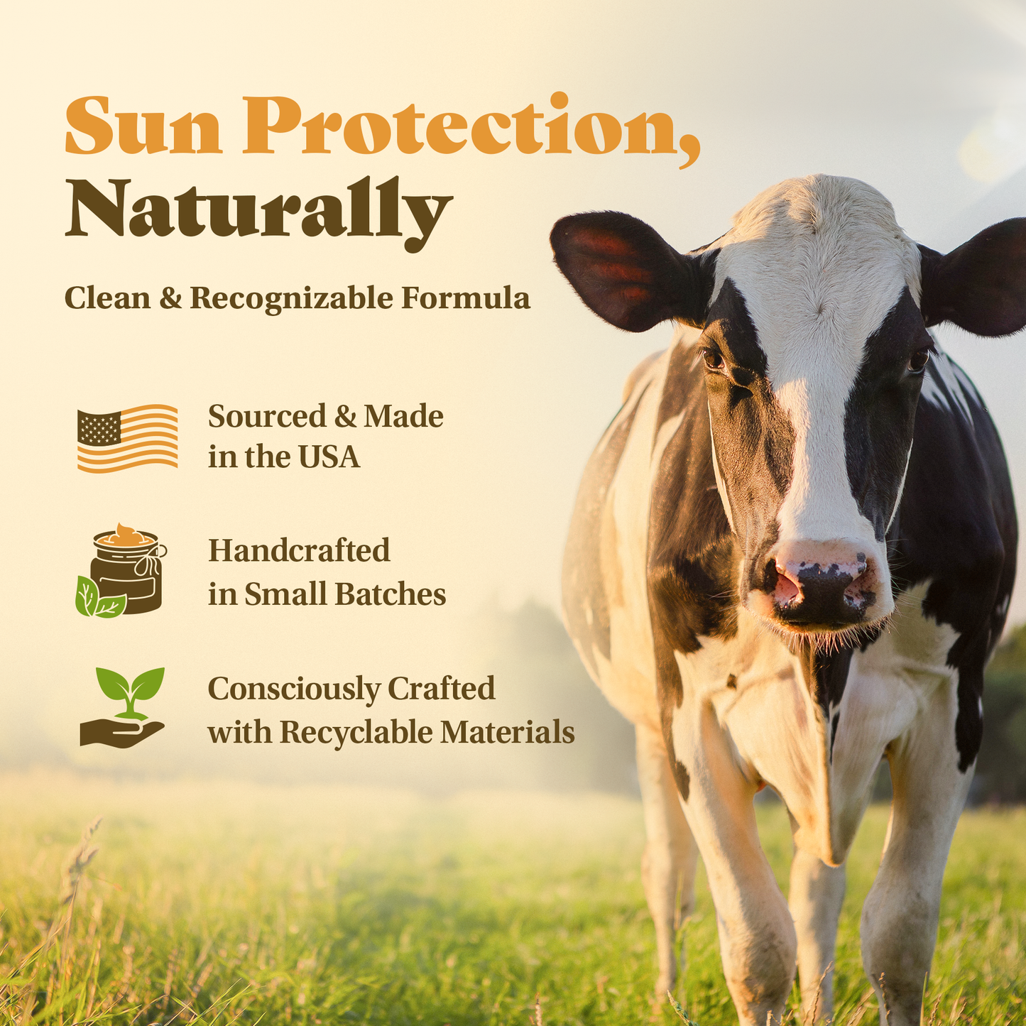 Sunroot Sun Balm Stick infographic highlighting USA-made sourcing, handcrafted production, and recyclable materials.