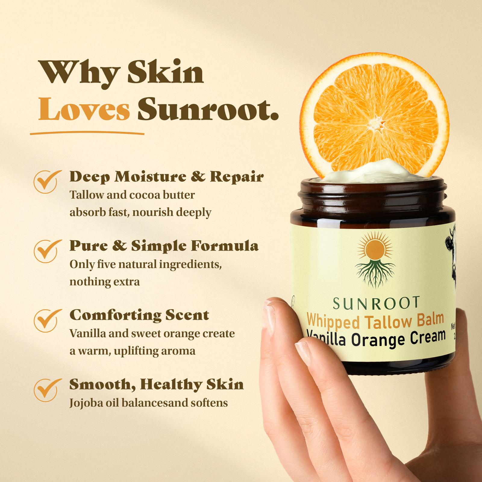 Sunroot Vanilla Orange Cream whipped tallow balm infographic highlighting moisturizing, nourishing, and skin-softening benefits.