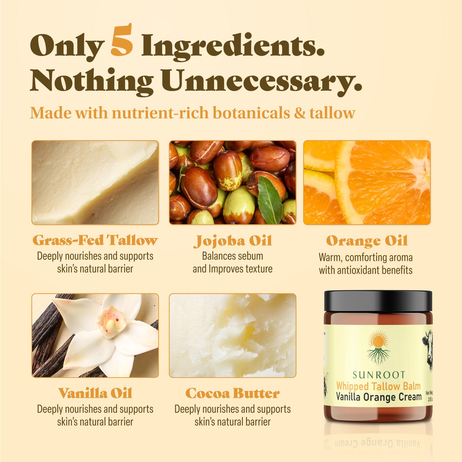 Sunroot Vanilla Orange Cream whipped tallow balm ingredient infographic featuring grass-fed tallow, jojoba oil, orange oil, vanilla oil, and cocoa butter.
