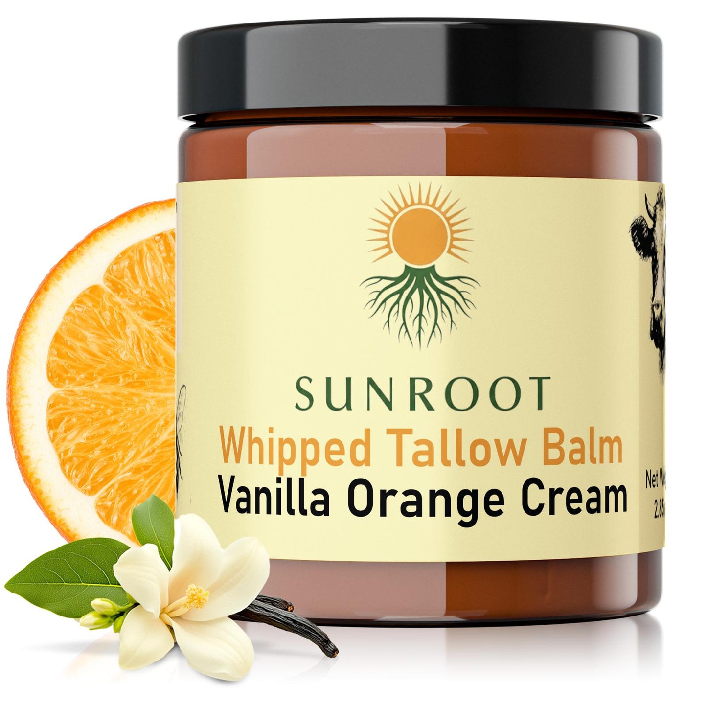 Sunroot Vanilla Orange Cream whipped tallow balm in an amber glass jar with orange slice and vanilla flower accents.